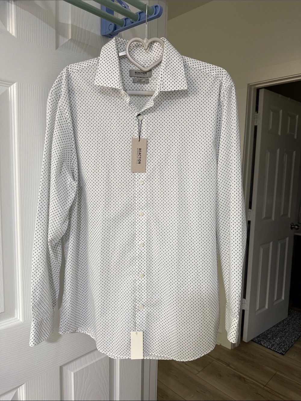 Kenneth Cole Reaction White Dress Shirt with Black Microdot Print - Men's